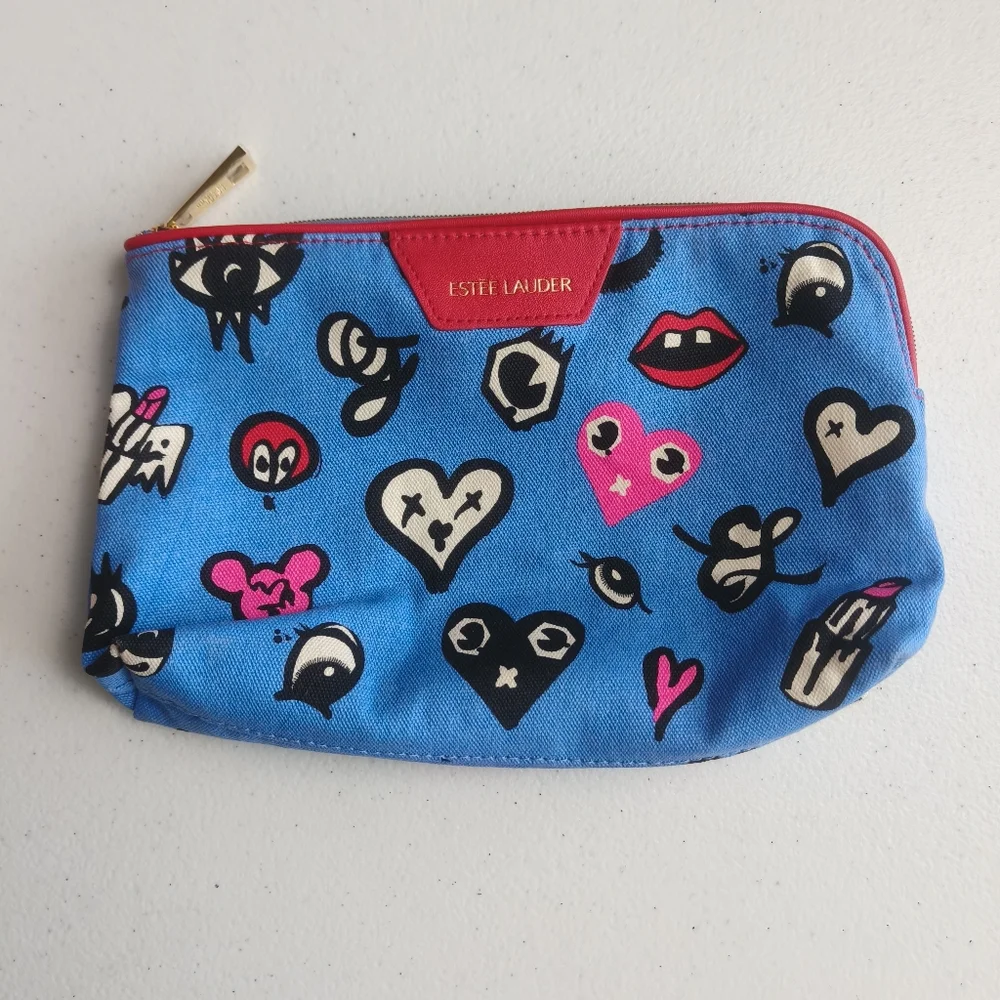 Estee Lauder Blue Small Cosmetic‎ Travel Bag with Cartoons Gold Zipper